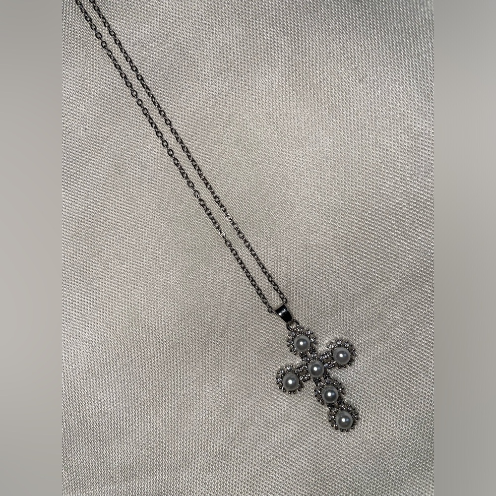 Silver Pearl & Stones Cross Necklace